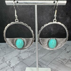 Silvertone and Faux Turquoise Southwestern Boho Hoop Earrings - SKU D